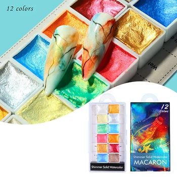 12Colors Macaroon Virvendama Tahke Metallik Akvarell Pigment Nail Art Joonis Värvid Glitter pärlmutterläiget tekitavad Vee Värvi Kunstitarbed