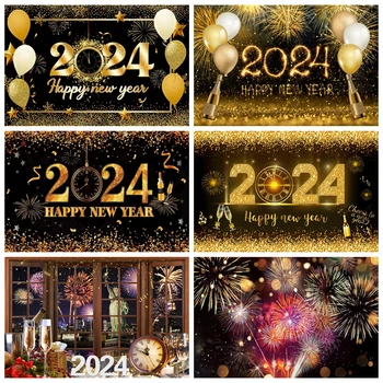 2024 Head Uut Aastat Taustaks Glitter Ilutulestik Õhupalli Kell Aknas Šampanja Klaasi Uue Aasta Pidu Fotograafia Background Bänner