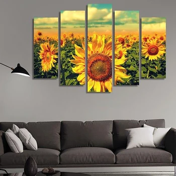 5 Tükki Seina Art Lõuend Maali Looduslik Maastik Plakat Kollane Sun Flower Kaasaegse Kodu Kaunistamiseks Elutuba Modulaarne Pilt