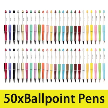 50tk Plastikust Beadable Pen Rant Pastapliiats Ball Pen Üliõpilastele Kontori koolitarbed Segatud Värve Helmed Pliiatsid
