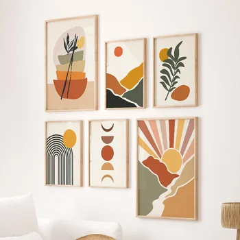 Boho Abstraktne Geomeetria Maastik, Mountain River Sun Leaf Plakatid Lõuend Art Prints Maali Seina Pilte Elutuba Home Decor