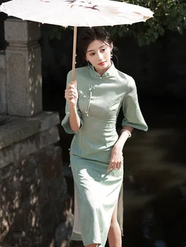 FZSLCYIYI Vintage Mandarin Krae Põletatud Varrukad Jacquard Satiin Naiste Qipao Hiina Femme Pikk Stiil Cheongsam Kleit