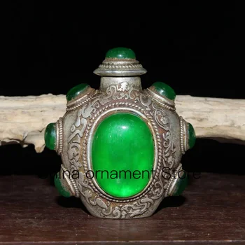 Hiina vana Tiibeti folk hõbedaga inkrusteeritud koos greenstone jade nuusktubakas pudel