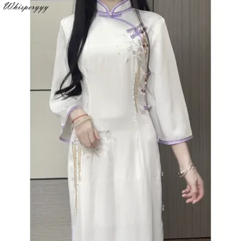 Kevad-Sügis 2023 Uus Valge Lilla Cheongsam Naiste Pikk Kleit Temperament Naine Hiina Stiilis Qipao Vintage Elegantne