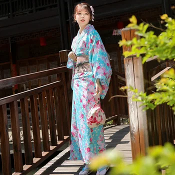 Kimonos Naiste Jaapani Traditsiooniline Hommikumantel Rüü Sinine Trükkimine Fotograafia Cosplay Geisha Aasia Streetwear Mood Riided