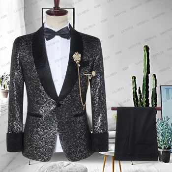 Klassikaline Must Lilleline Slim Fit Custom Made Meeste Ülikonnad 2023 Pulm Sobib Peigmees Tuxedos 2 Tükki Groomsmen Sobib Kõige Paremini Inimene
