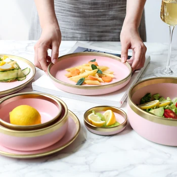LingAo Keraamiline roosa värvi kuldse slim õhtusöök plaadi komplekt segades riisi supp ramen kauss daam