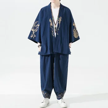 Meeste Jaapani Kimono Komplekt Fashion Harajuku Streetwear Silk Dragon Tikandid Vabaaja Välimine Kapuuts Ühtne Linased Riided