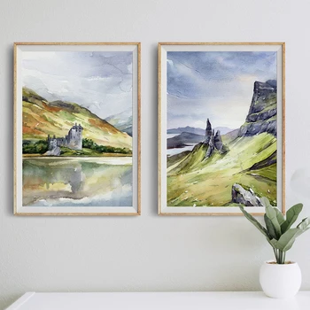 Mäed Akvarell Šotimaa Maastik Seina Art Lõuend Maali Nordic Plakatid Ja Pildid Seina Pildid Elutuba Decor