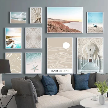 Rand Ilu Olemus Sinine Seascape Plakatid Kunsti Päikeseloojangut Paadiga Merel, Lõuend Maali Nordic Seina Pilte Kodus Elutoa Kaunistamiseks