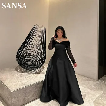 Sansa Must Pikk Varrukas-line فساتين سهره فاخره 2023 Elegantne Litrid Litrid Vestidos De Noche Paks Satiinist Must Tanssiaiset Kleit