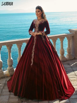 Stiilne Burgundia Pikk Kuld Appliqued Pall Kleit Dubai Maroko Elegantne Seal Kaftan Velvet Pool Õhtul Kleit Helmestus Litrid Kleit
