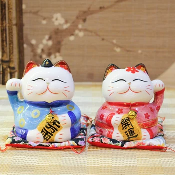 5 tolline Keraamiline Maneki Neko Paar Sinine Roosa Õnnelik Kass Õnn Kass Ornament Raha Kasti Kodus Töölaua Kaunistus Võlu Kingitus