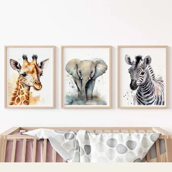 Akvarell Elevant, Kaelkirjak Zebra Lasteaed Seina Art Lõuend Maali Loomade Plakatid Ja Pildid Seina Pilte Baby Kids Room Decor