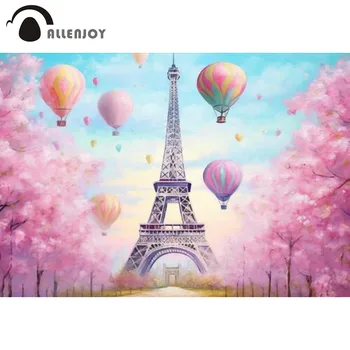 Allenjoy Roosad Lilled, Eiffeli Torn Fotograafia Taustaks Romantiline Kirsi Õied koos Õhupallid Photoshoot Taustal