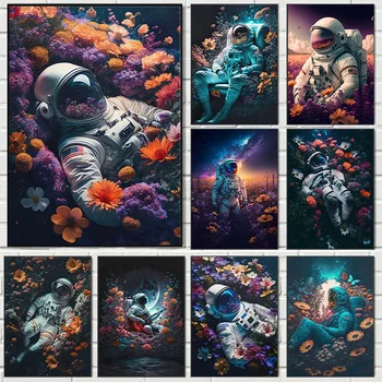 Astronaut Mängib Kitarri Ruumi Moon Lilled Maali Plakateid elutuba Lõuendile Maali Kunst Kodus Seina Decor Pilt Kingitus
