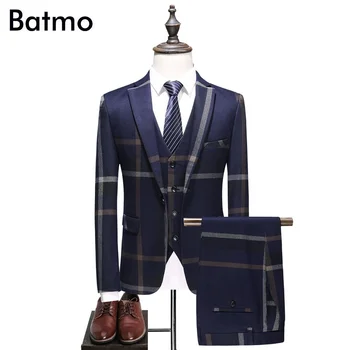 Batmo 2024 uusi saabumise kõrge kvaliteedi ruuduline Ühe Karavan tumesinine vabaaja kostüümid mehed,meeste pulm kleit,pluss-suurus S-5XL 6102