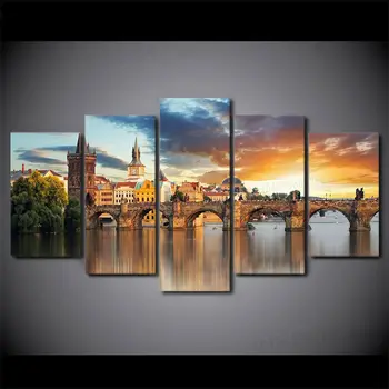Charles Bridge Kivi Vltava Jõe Praha Päikeseloojangul 5 Paneel, Lõuend Print Seina Art Pilte Plakat Home Decor Nr Raamitud 5 Tk