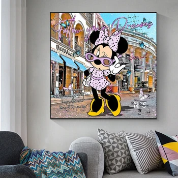Graffiti Minnie Linna Lõuend Värvimine Disney Kunsti Street Pop Art Plakatid Ja Pildid Elutuba Seina Art Peace Home Decor