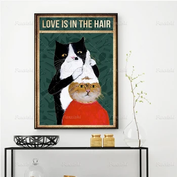 Kass Armastus On Juuksed Plakatid Retro Põhjamaade Seina Art Lõuend Maali Hd Pildid Modulaarne Pilte Elutuba Home Decor Kingitus
