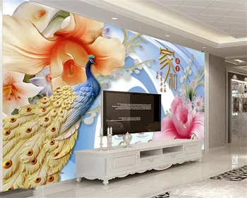 Kohandatud taustpildi atmosfääri fashion 3D-kolmemõõtmeline silla Jade nikerdamist Paabulind lill, elutoas TV taust seina seinamaaling