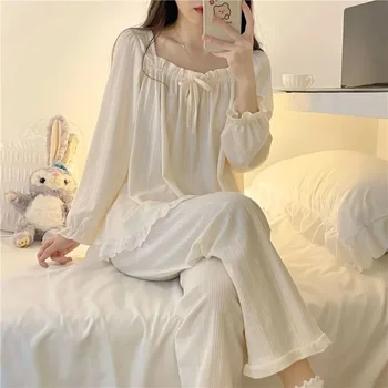 Korea Stiilis Naiste Pajama Seatud Pikk Varrukas Kevad Sügis Daamid Sleepwear 2 Tk koos Pant Square Krae Pijama Sobiks Naine