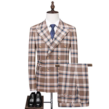 Kõrge Kvaliteediga 5XL (ülikond Jope + Püksid) Meeste itaalia Stiilis Äri Ruuduline Vabaaja Elegantne Mood Lihtne riietumisstiil 2-osaline