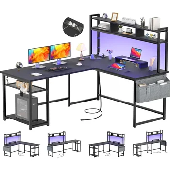 L-Kujuline Laud koos Seinakontakti & LED Riba, Pööratav Nurk Arvuti / Gaming Laual Ladustamiseks Riiul & Monitor Stand