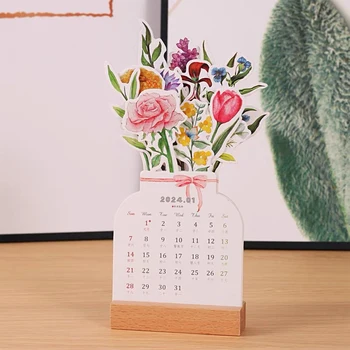 Laua Kalender 2024 Loominguline Päev Asjade Bloomy Lilled Uue Aasta Office Desk Decor Kodu Kujundamisel, Mille Puidust Raam
