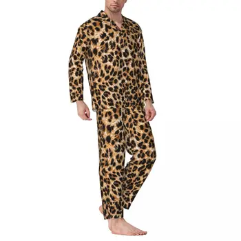 Leopard Printida Sleepwear Sügisel Loomade Prindi Vintage Liiga Pajama Komplekti Meeste Pikk Varrukas Trendikas Vabaaja Trükitud Nightwear