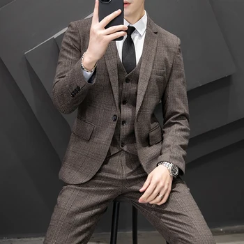 ( Meeste Ülikond Jope +Vest + Püksid) Moe Boutique Ruuduline Vabaaja Äri Mees Peigmees Pulmas Smoking Kleit 3 Tk Komplekt Bleiserid Mantel