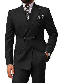 Meeste Ülikond, Must, 2 tk Tipp Rinnamikrofon Slim Fit Topelt Karavan Kõnniteed Tuxedos Pulm Groomsmen (Pintsak+Püksid)