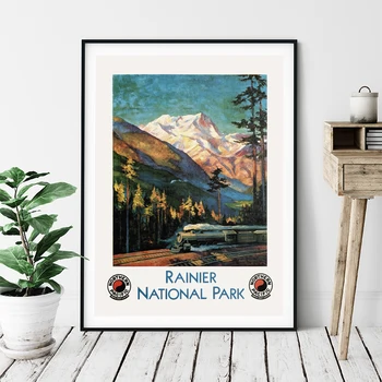 Mount Rainier rahvuspark Vintage Reisi Plakat Lõuendile Maali , Rainier USA Park Seina Art Pilt Retro Pildid Home Decor