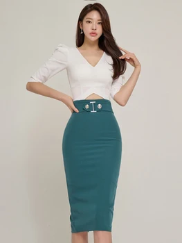 Naiste korea Suvel 2 Tükki Riided Elegantne Ametlik Valge Lühikeseks Kärbitud Tops Särk Pluus Green Slim Fit Midi Seelik Set Mujer