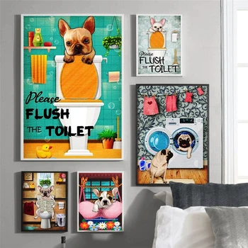 Naljakas Koer Loomade Põhjamaade Plakat Palun Flush Wc Quote Cartoon Pilt Kids Room Vannituba Decor Seina Art Lõuend Maali