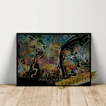 Philadelphia Geograafiline Asend, Plakat, Ameerika Linna Kaart Seina Art, Musta Tausta Värv Line Art Prints, Magamistoa Seina Decor