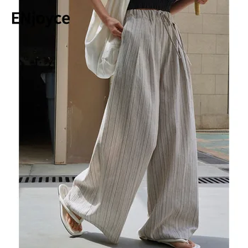 Suvel Naiste Vintage Triibuline Lahti Linased Püksid Korea Stiilis Elastne Kõrge Vöökoht Vabaaja Suur Lai Jalg Päikesekaitsetoodete Õhukesed Püksid