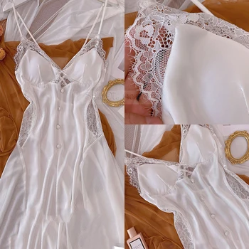 Suvi Naine Nightgowns Hommikumantel Seksikas Segast Lace Suspender Nightdress Sleepwear Vabaaja Silk Saton Kodu Kleit Lounge Kanda