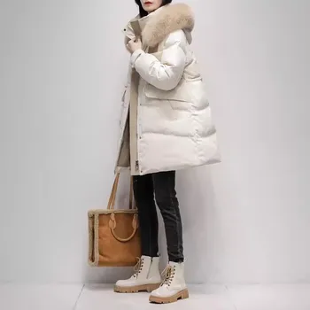 Talvel Naturaalne Rebase Krae Ja Kapuutsiga Sulejope 2024 Uus Korea Fashion Valge Pardi Alla Paksenema Mantel Sooja Naiste Parkad Overcoat