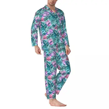 Tropical Palm Sleepwear Sügisel Monstera Lehed Retro Mõõdus Pajama Komplekti Mees, Pika Varruka Armas Tuba Muster Nightwear